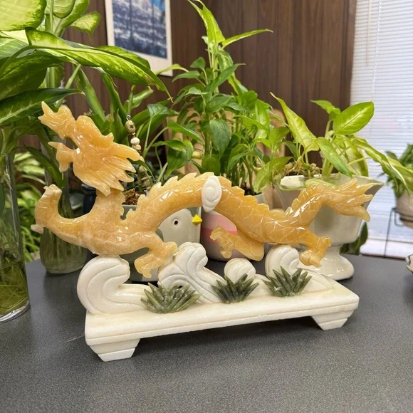 Yellow Jade Carved Stone Serpent Dragon Statue - Picture 1 of 13